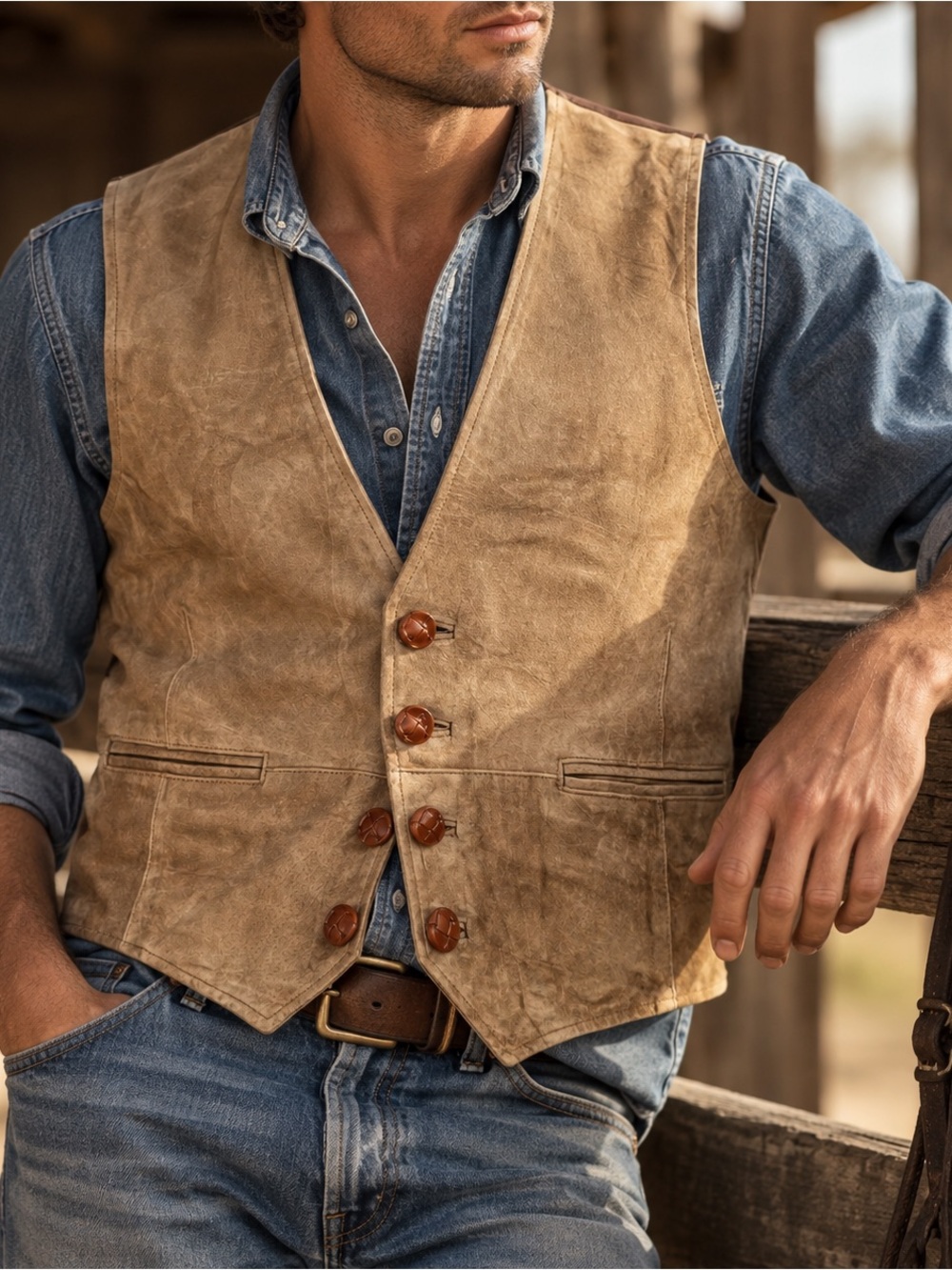 Vintage Men’s Camel Suede Leather Western Vest Large Cowboy Ranchwear